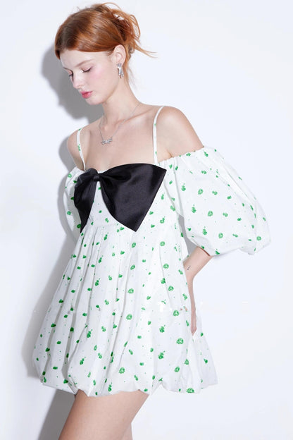 Green Rose Balloon Sleeve Slip Dress