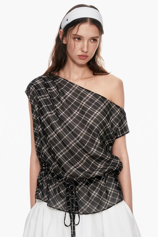 Plaid Asymmetrical Off-Shoulder Top