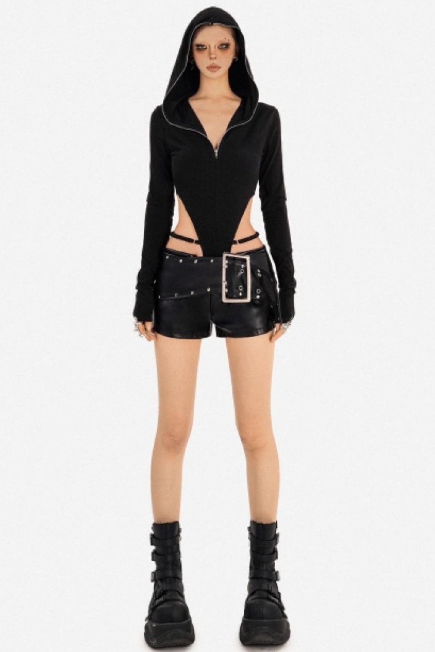 Black Zip-Up Hooded Bodysuit
