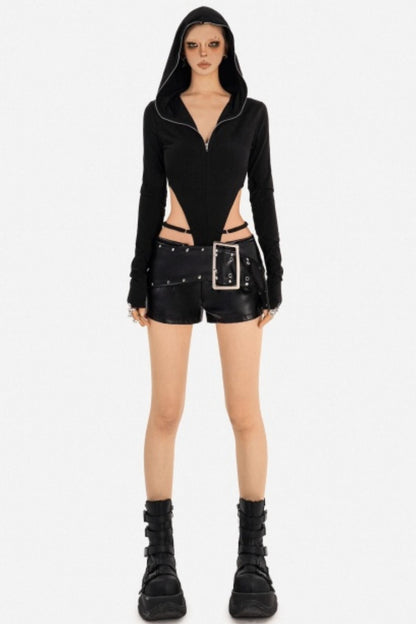 Black Zip-Up Hooded Bodysuit