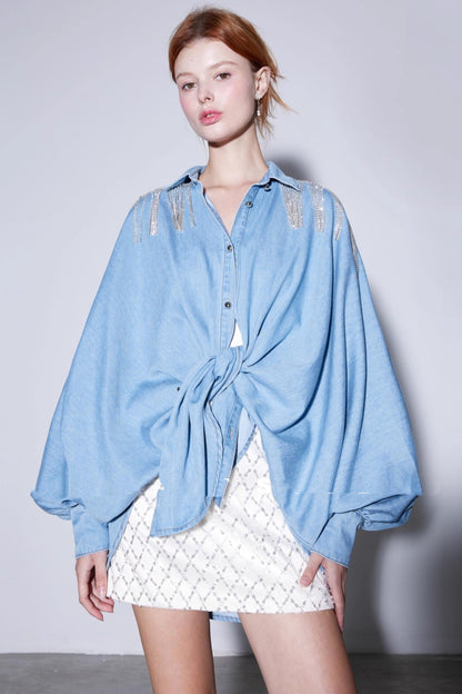 Autumn Silk Cotton Diamond Denim Shirt