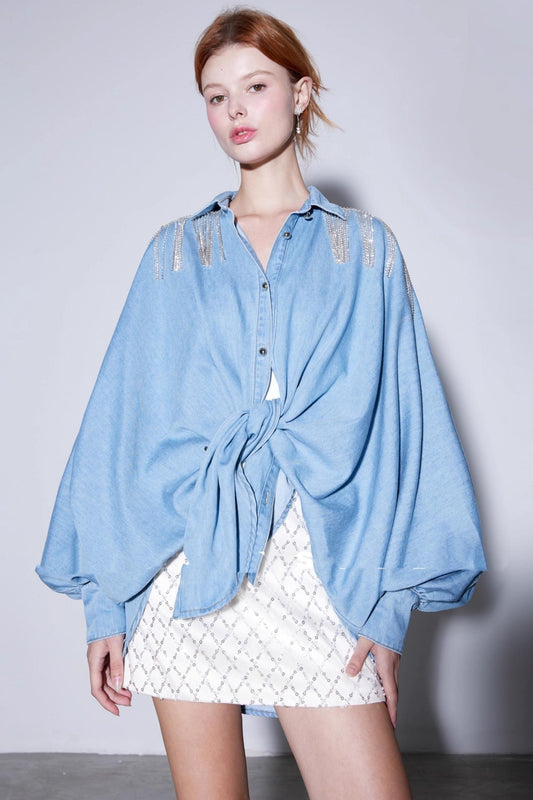 Autumn Silk Cotton Diamond Denim Shirt