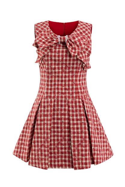 Red Check Floral Bow Vest Dress