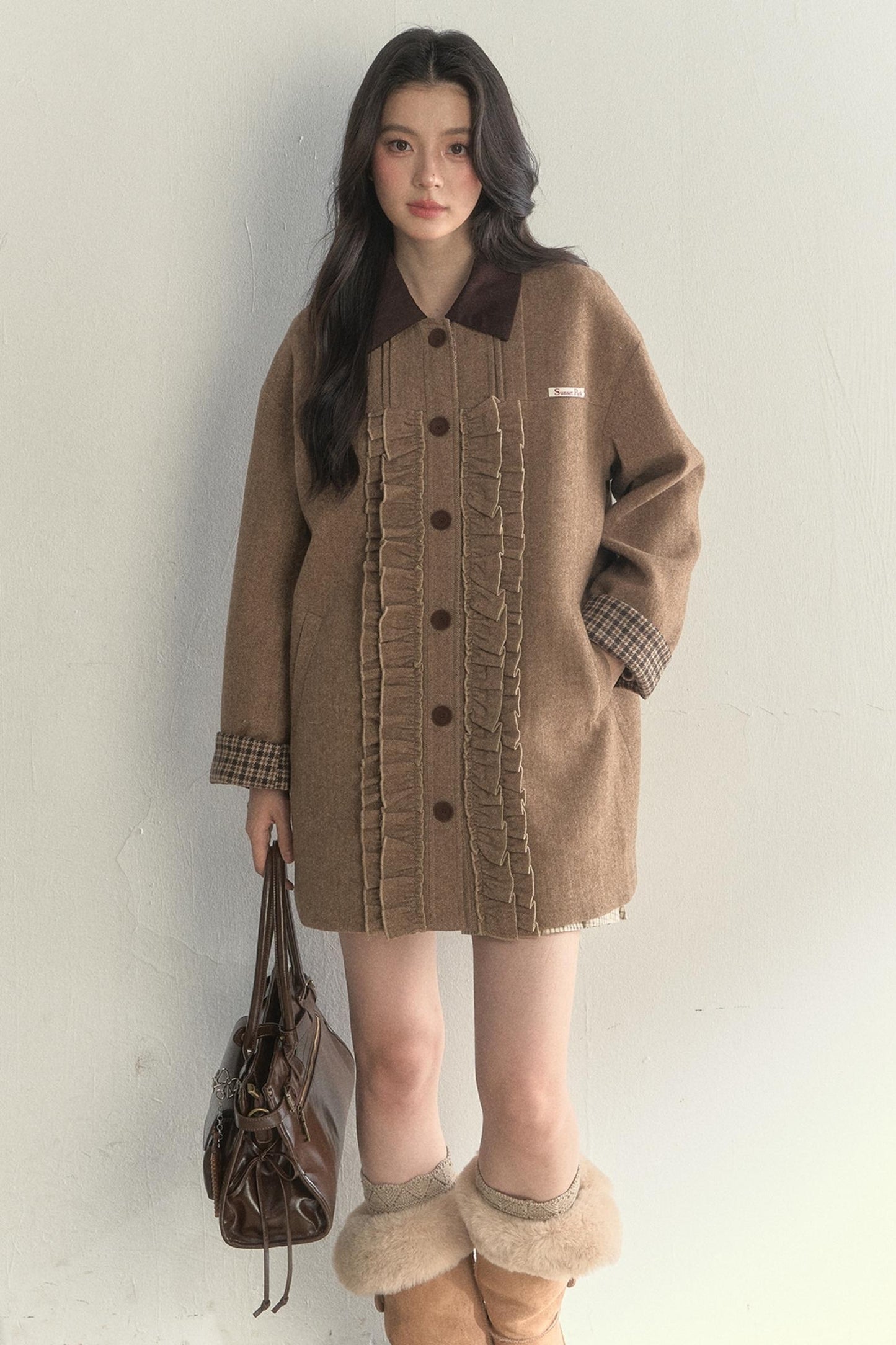 Vintage Khaki Houndstooth Wool Coat