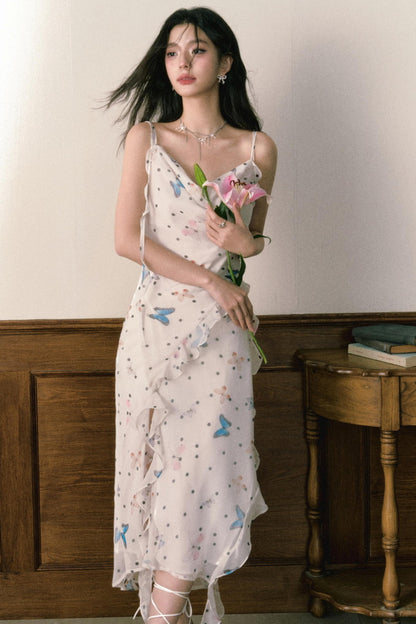 Butterfly Floral Halter Chiffon Maxi Dress