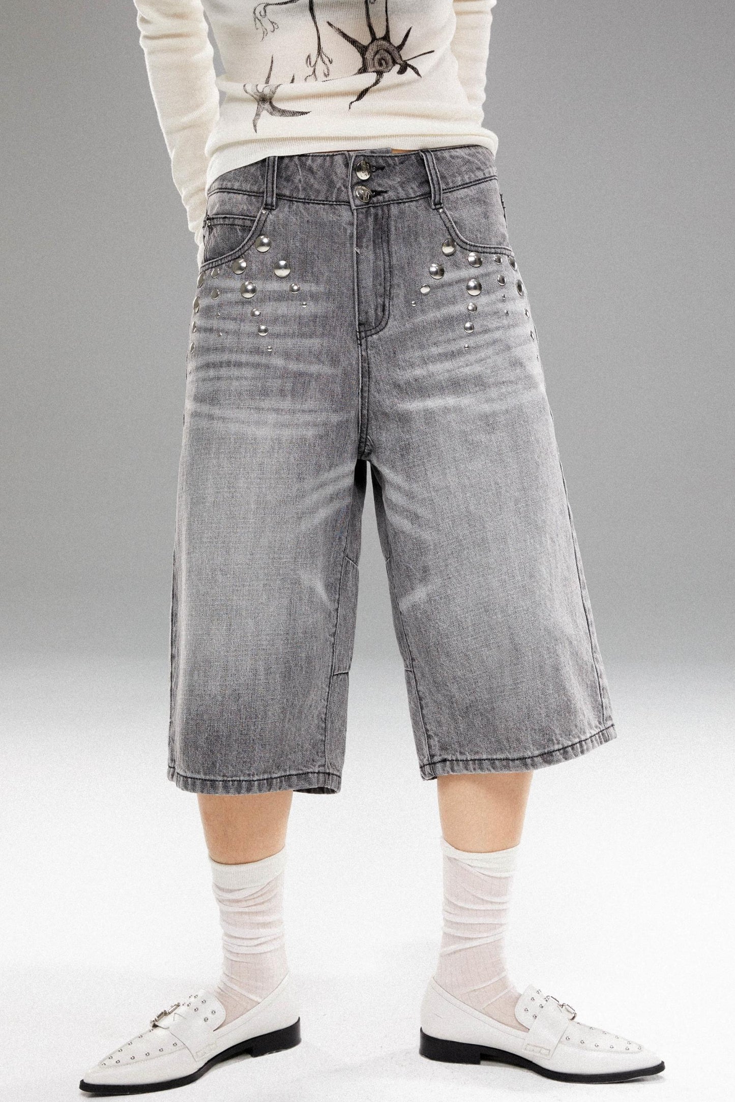 Metal Stud Denim Mid Pants