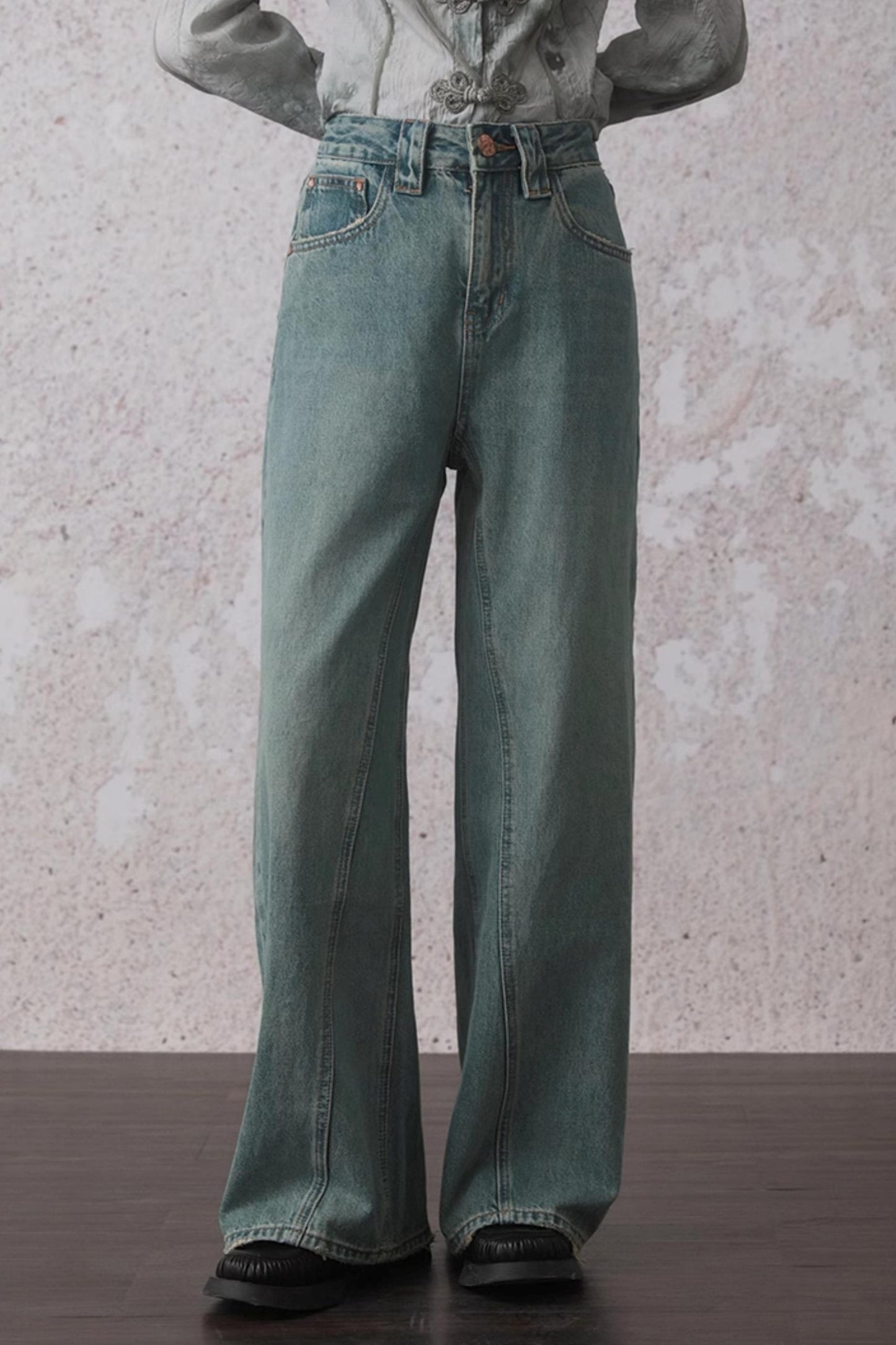 Slim Wide-Leg Washed Denim Pants