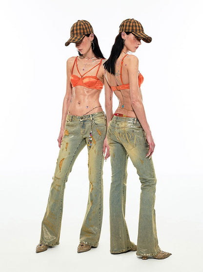 Irregular Distressed Slimming Flare Jeans