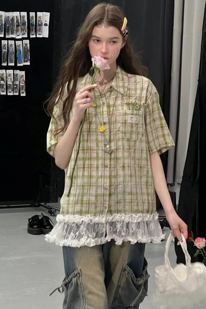 Green Plaid Lace Hem Shirt