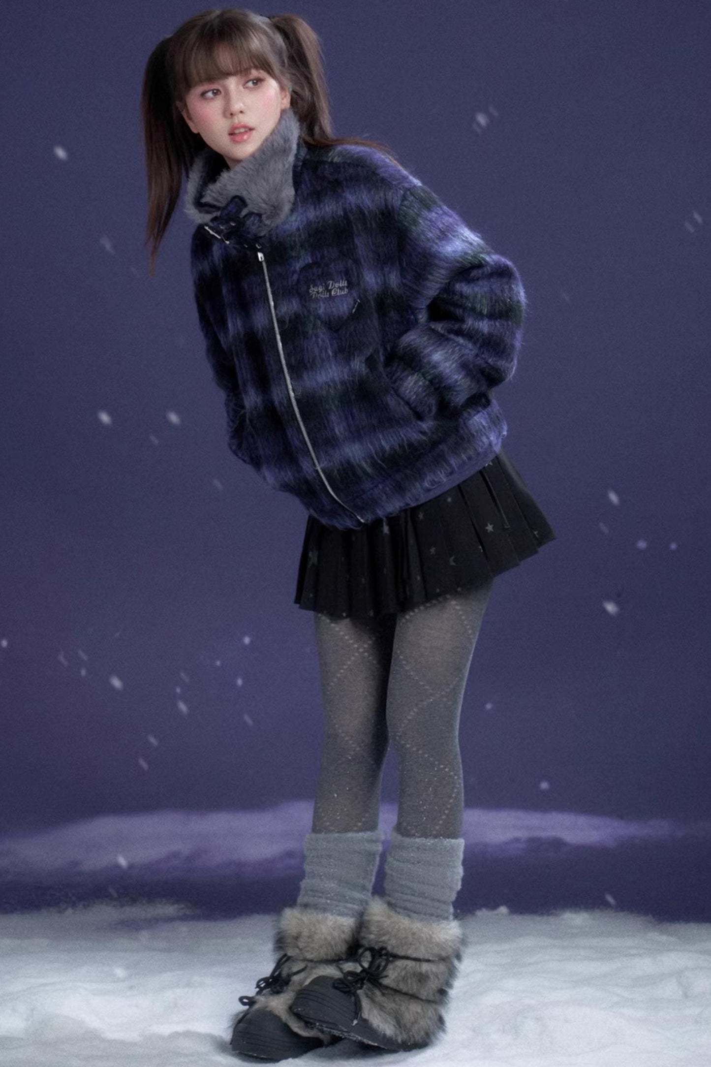 High-Neck Plaid Woolen Coat