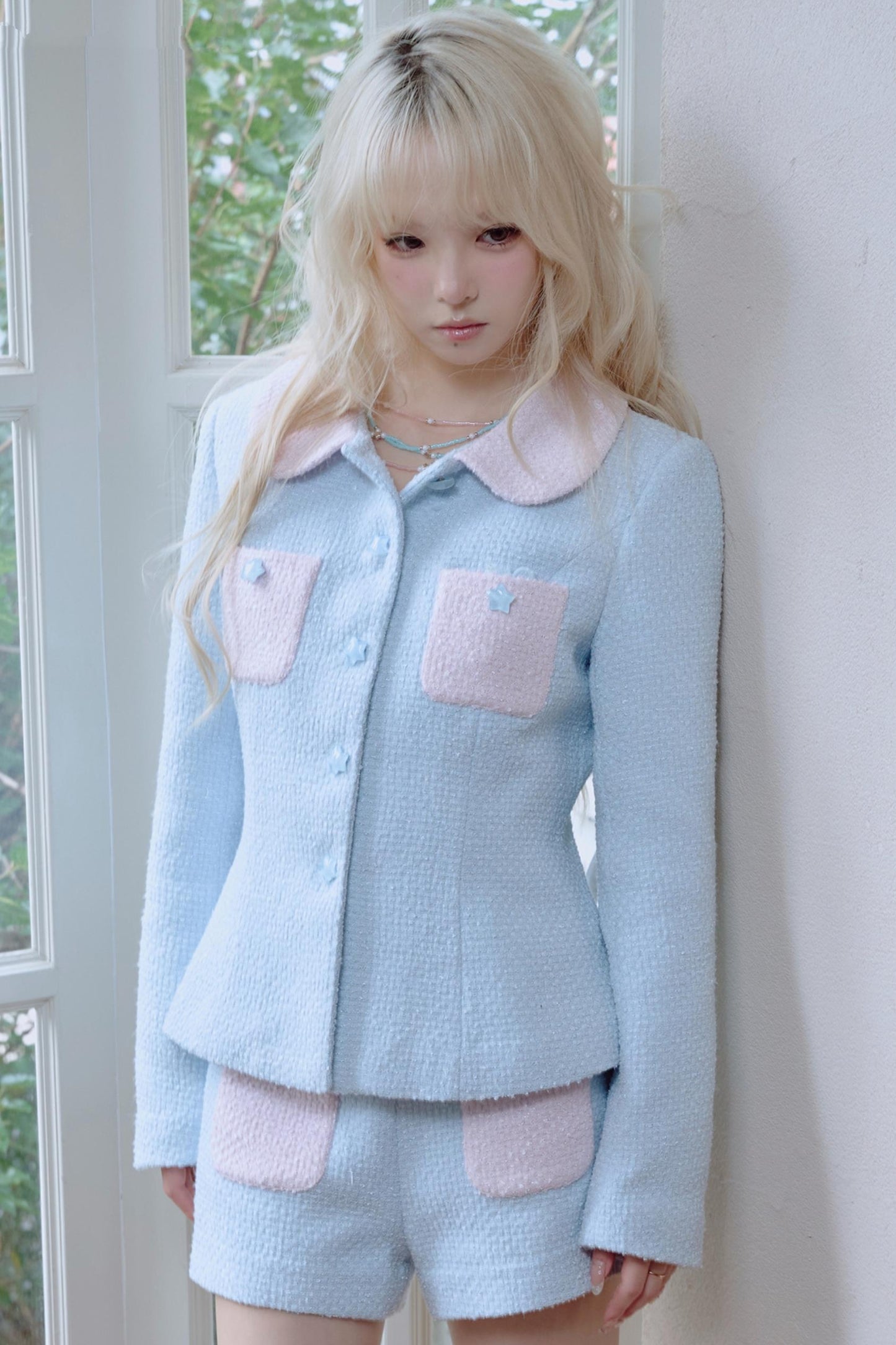 Star Button Tweed Jacket Set-Up