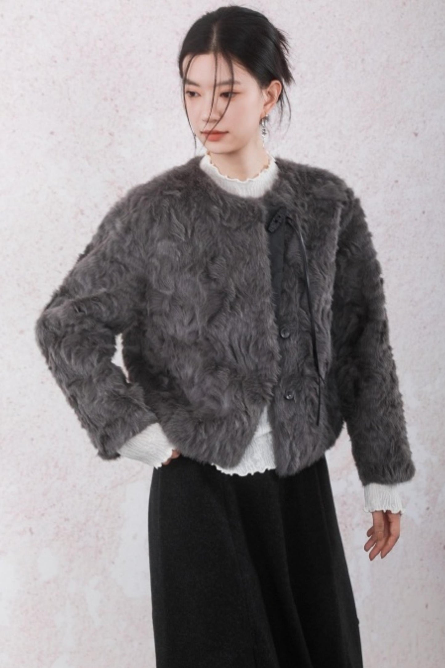 Elegant Gray-Brown Plush Jacket