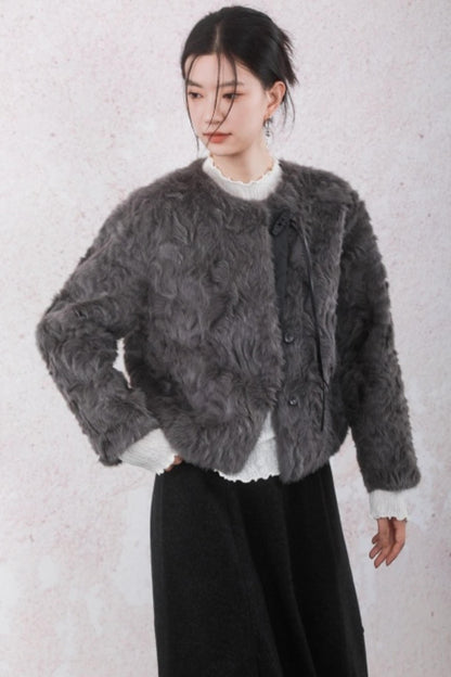 Elegant Gray-Brown Plush Jacket