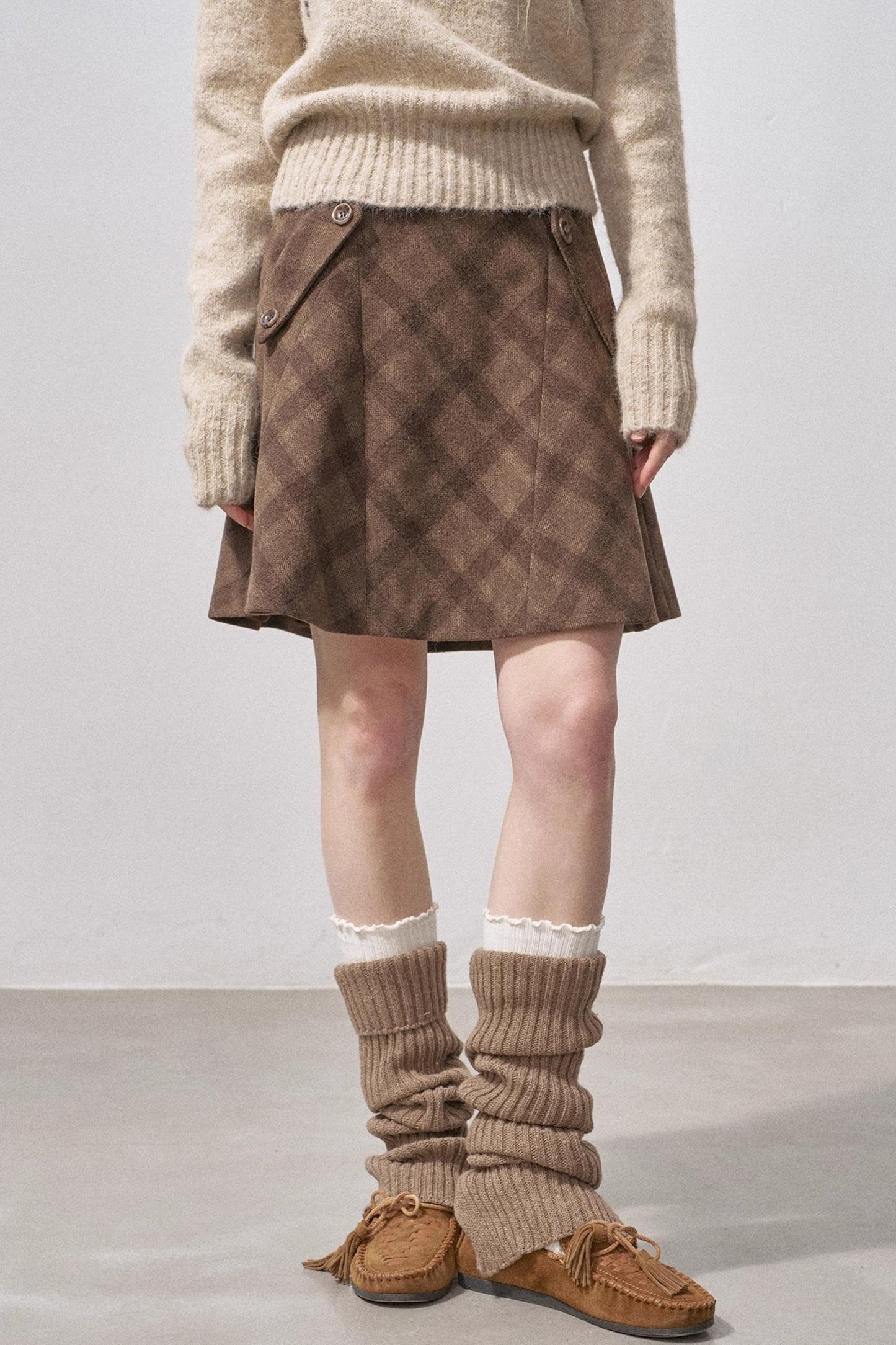 Split Wool Plaid A-Line Skirt