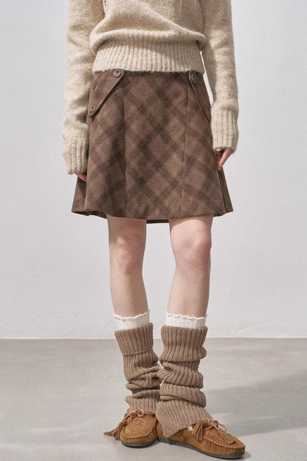 Split Wool Plaid A-Line Skirt