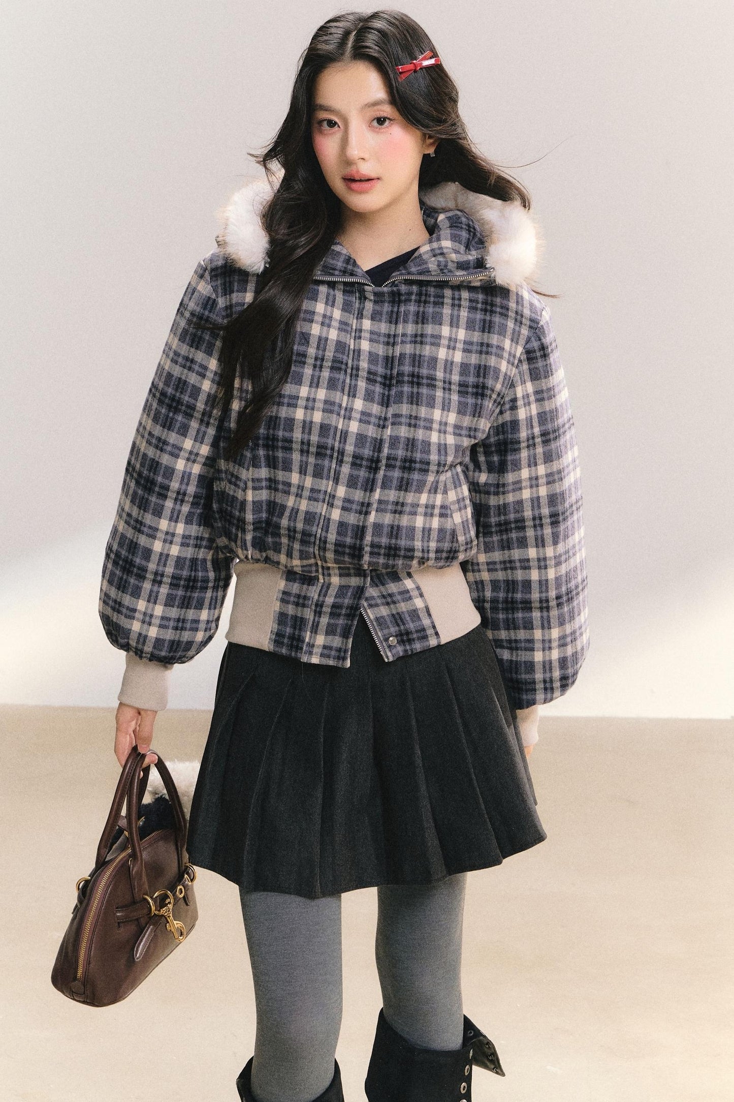 Plaid Fur Collar Winter Coat