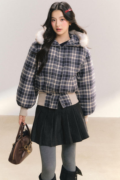 Plaid Fur Collar Winter Coat
