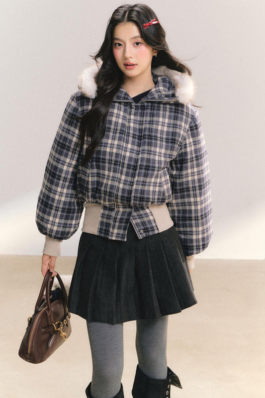 Plaid Fur Collar Winter Coat