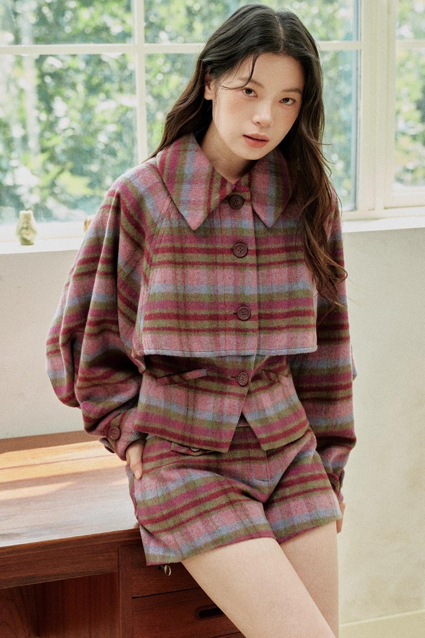 Pink-Purple Wool Plaid Cape Set-Up