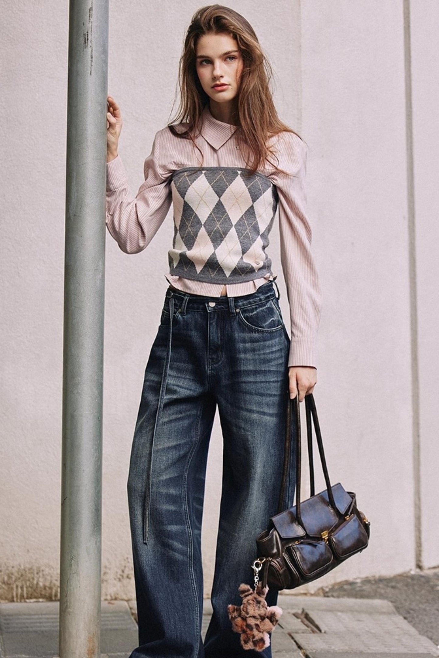 Striped Asymmetrical Slanted Placket Shirt Set-Up