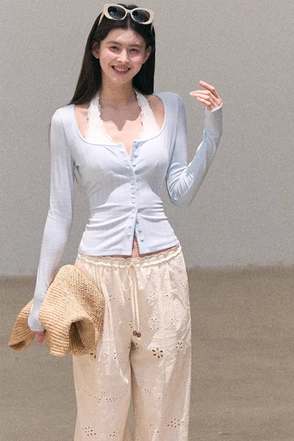 Hollow-Out Ribbed Knit Cardigan