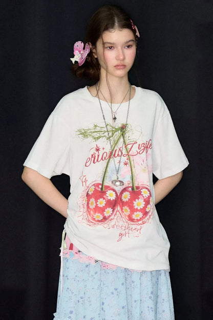 Cherry Daisy Print Short Sleeve T-Shirt