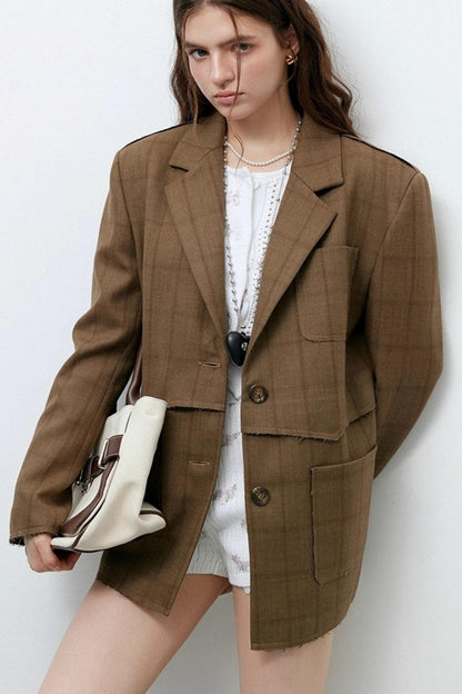 Brown Check Raw Edge Blazer