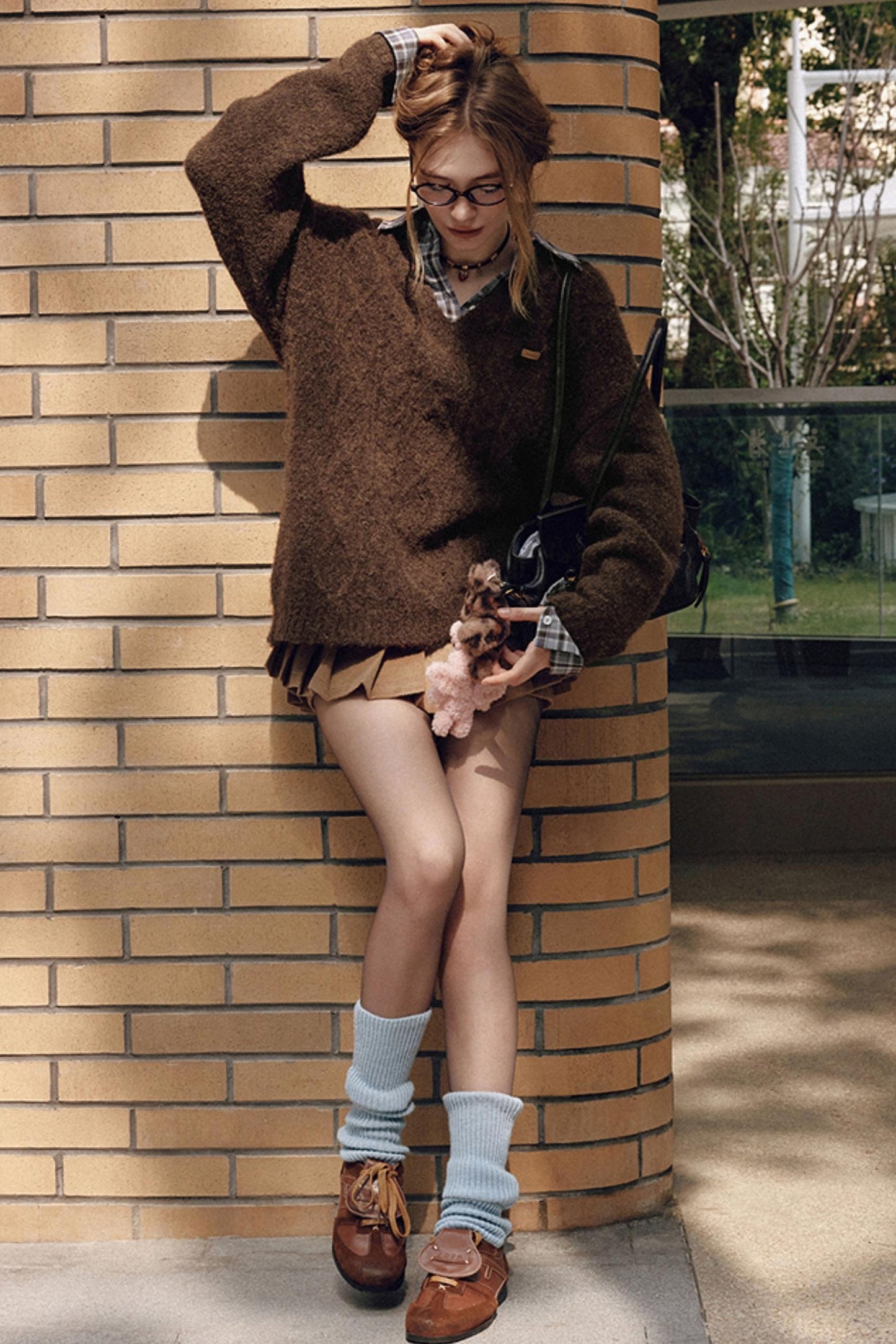 Brown Fake Two-Piece Plaid Shirt