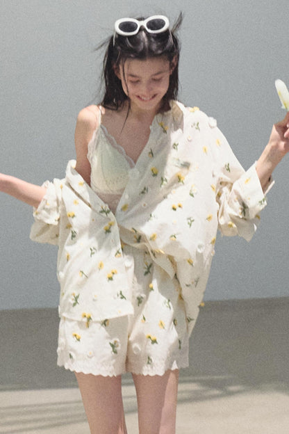 Zero Flowers Cotton Embroidered Casual Shirt Shorts Set-Up