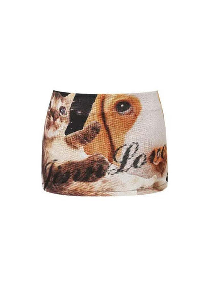 Dog & Cat Print Hip Hug Tight Mini Skirt