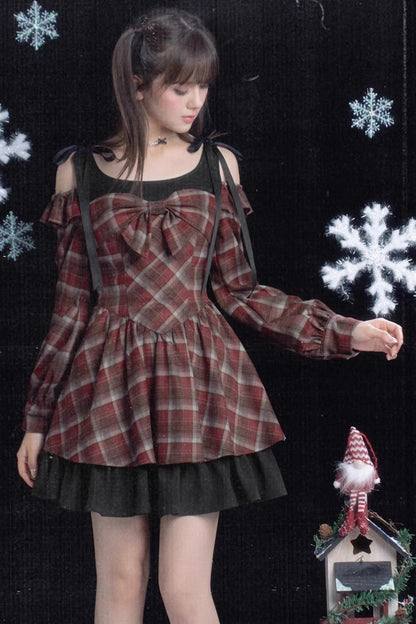 Plaid Fake Two-Piece Christmas Dress