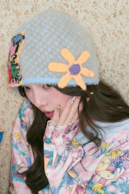 Blue Rabbit Flower Knitted Hat