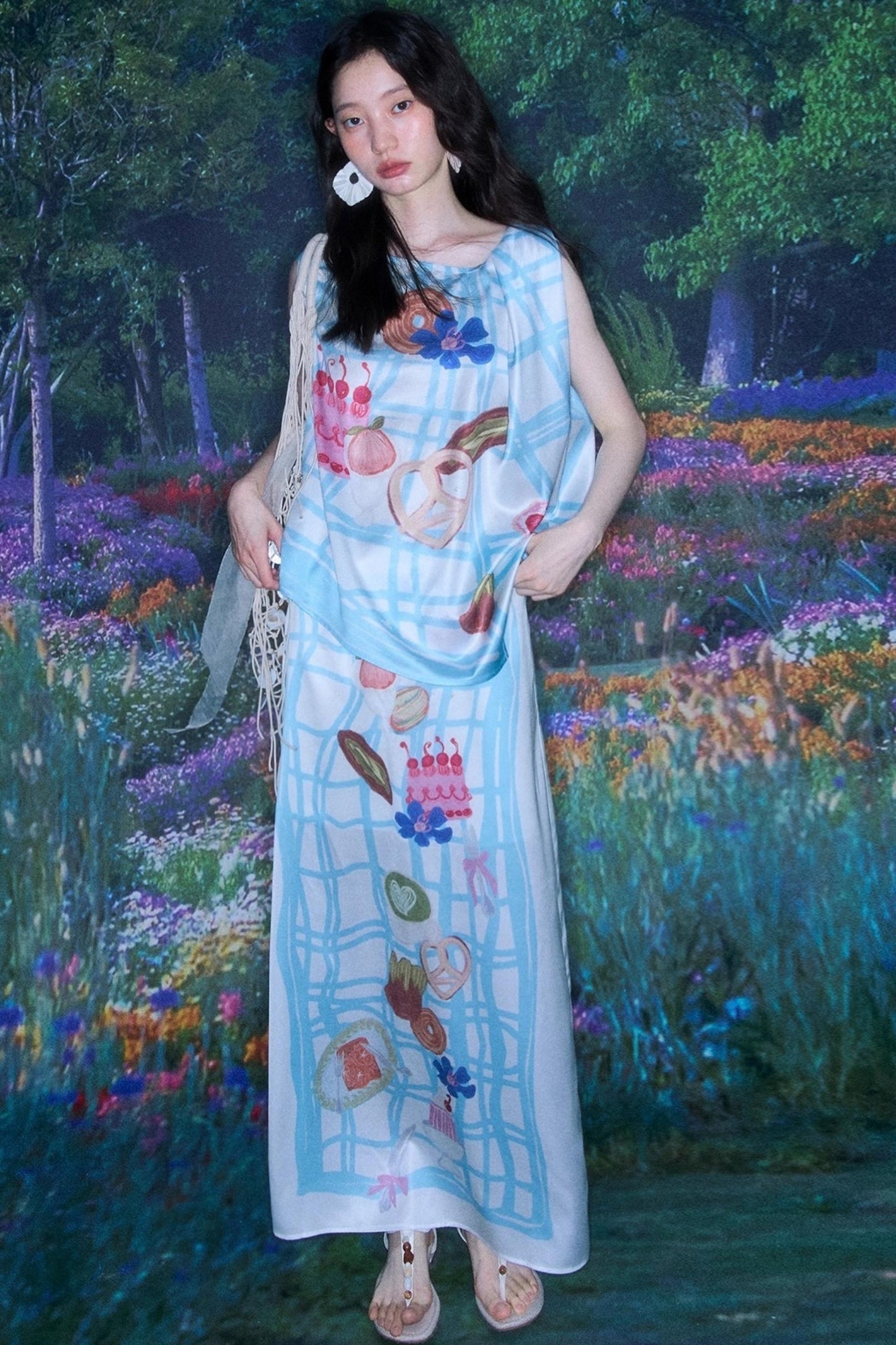 Square Plaid Print Satin Skirt Set-Up