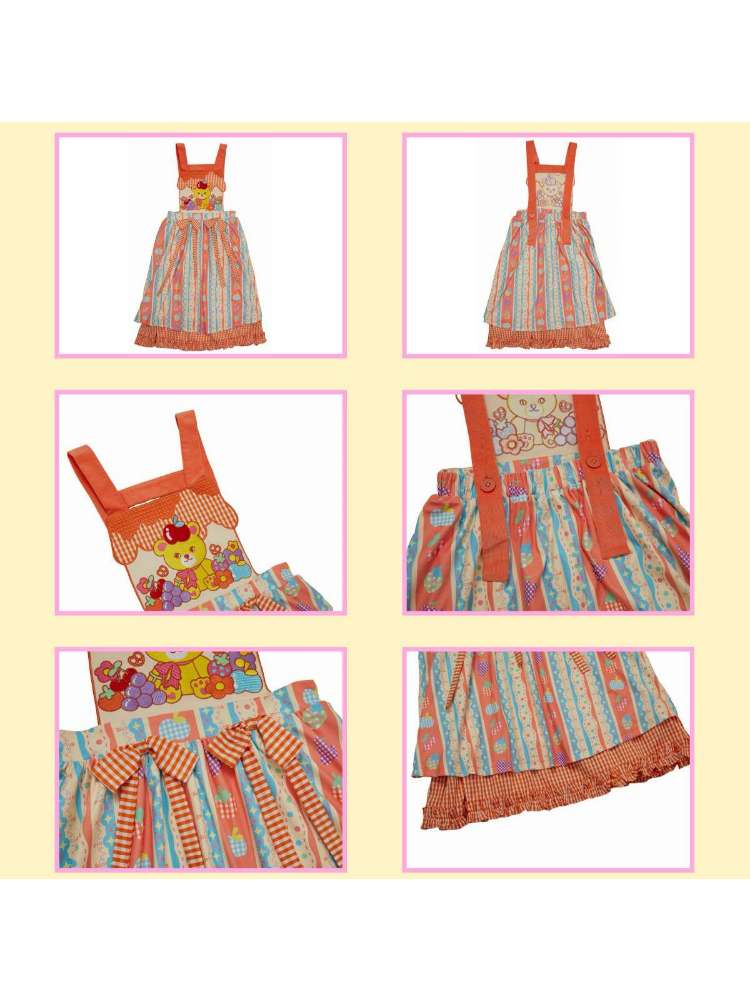 Cartoon Bear Plaid Splicing Embroidered Apron Dress