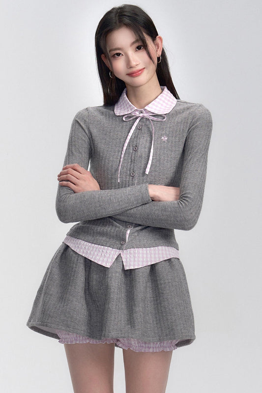 Pink-Gray Check Knit Top Set-Up