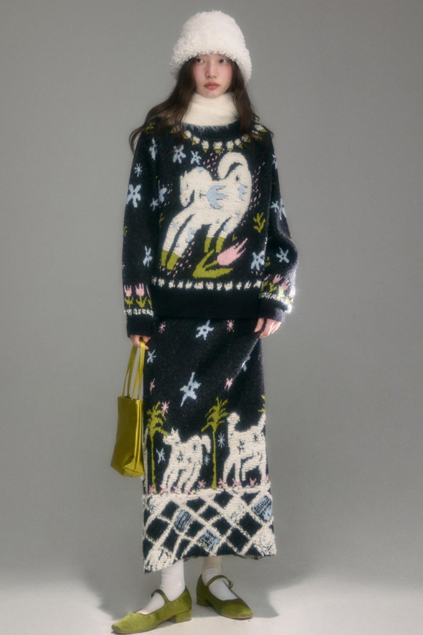 Animal Jacquard Wool Top & Skirt Set-Up