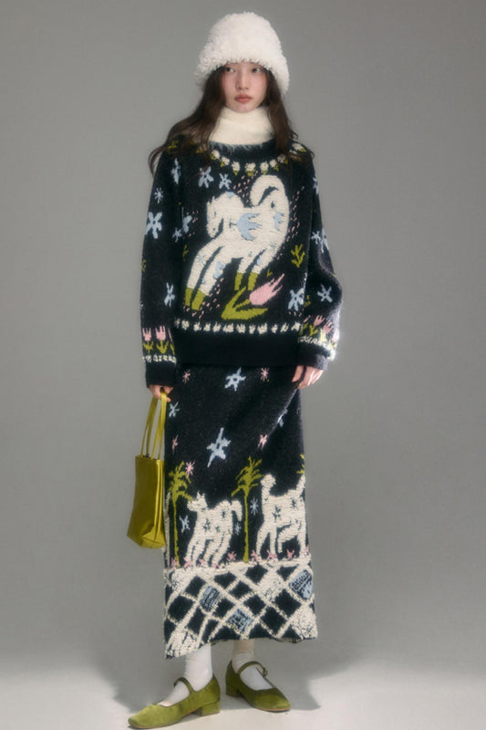 Animal Jacquard Wool Top & Skirt Set-Up