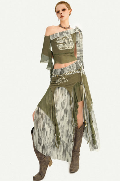 Irregular Patchwork Mesh Skirt