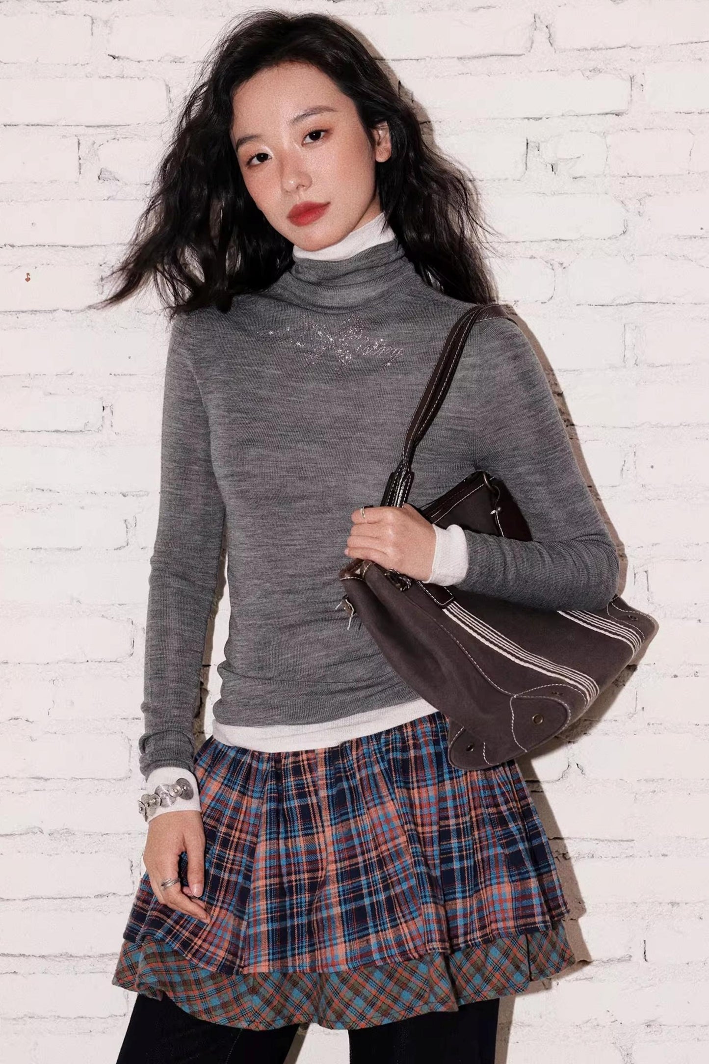 Double Layer Check Pleated Skirt