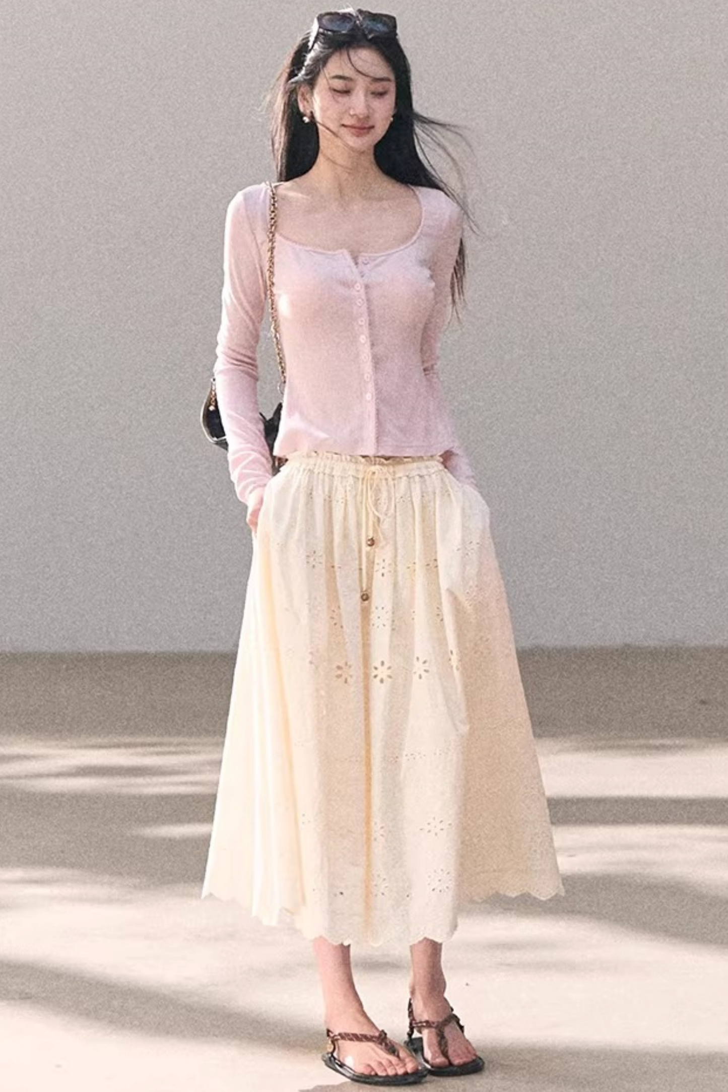 Hollow-Out Ribbed Knit Cardigan