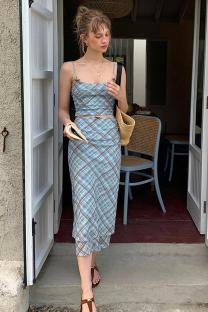 Vintage Checked Camisole Maxi Skirt Set-Up