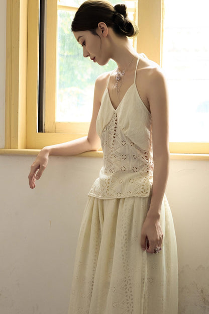 Romantic White Embroidered Halterneck Top