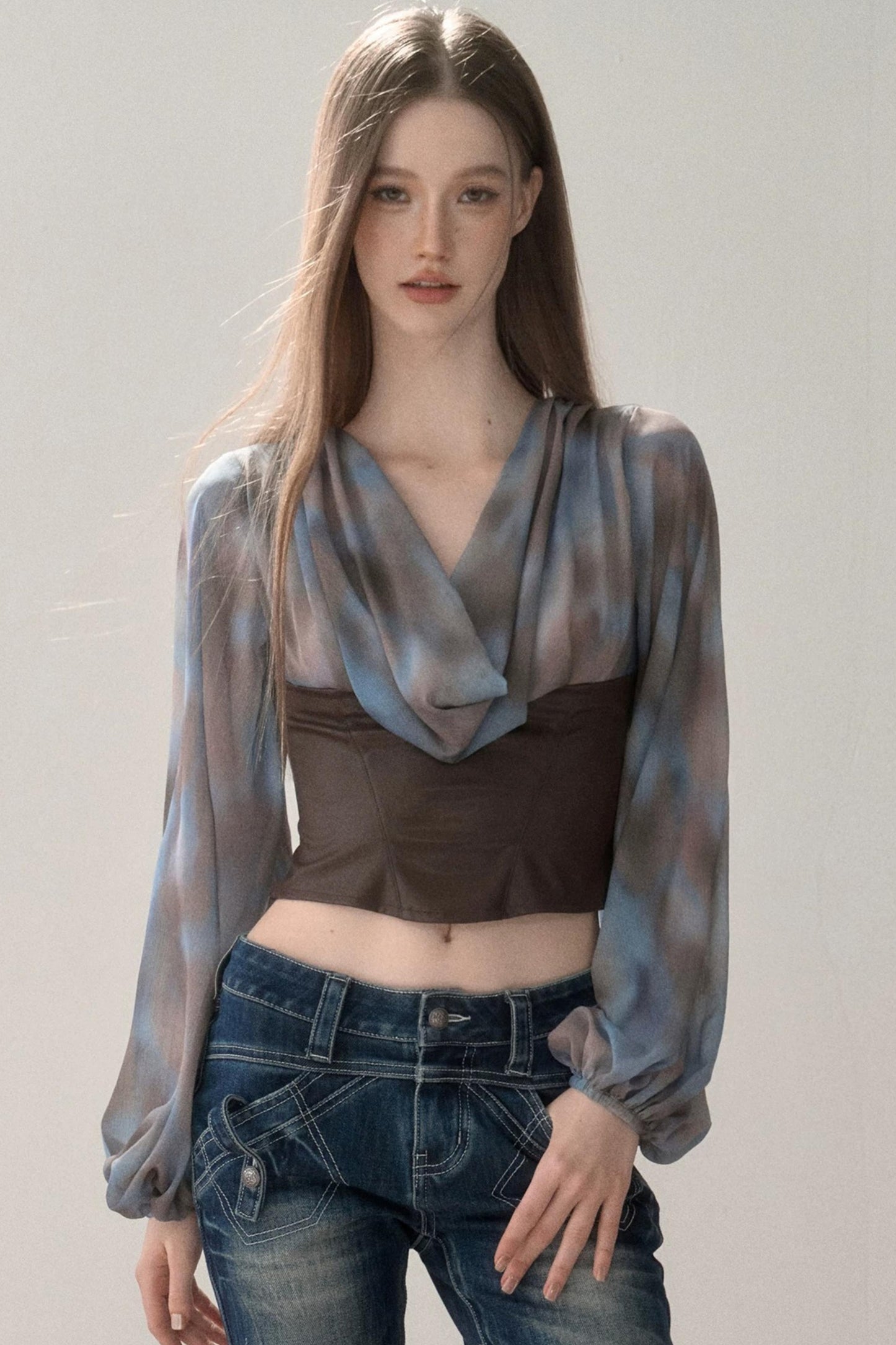 Waist-Cinching Printed Chiffon Shirt
