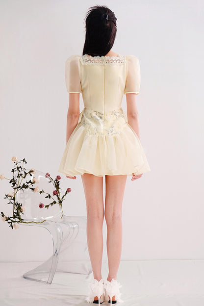 Embroidered Bubble Sleeve Mini Dress