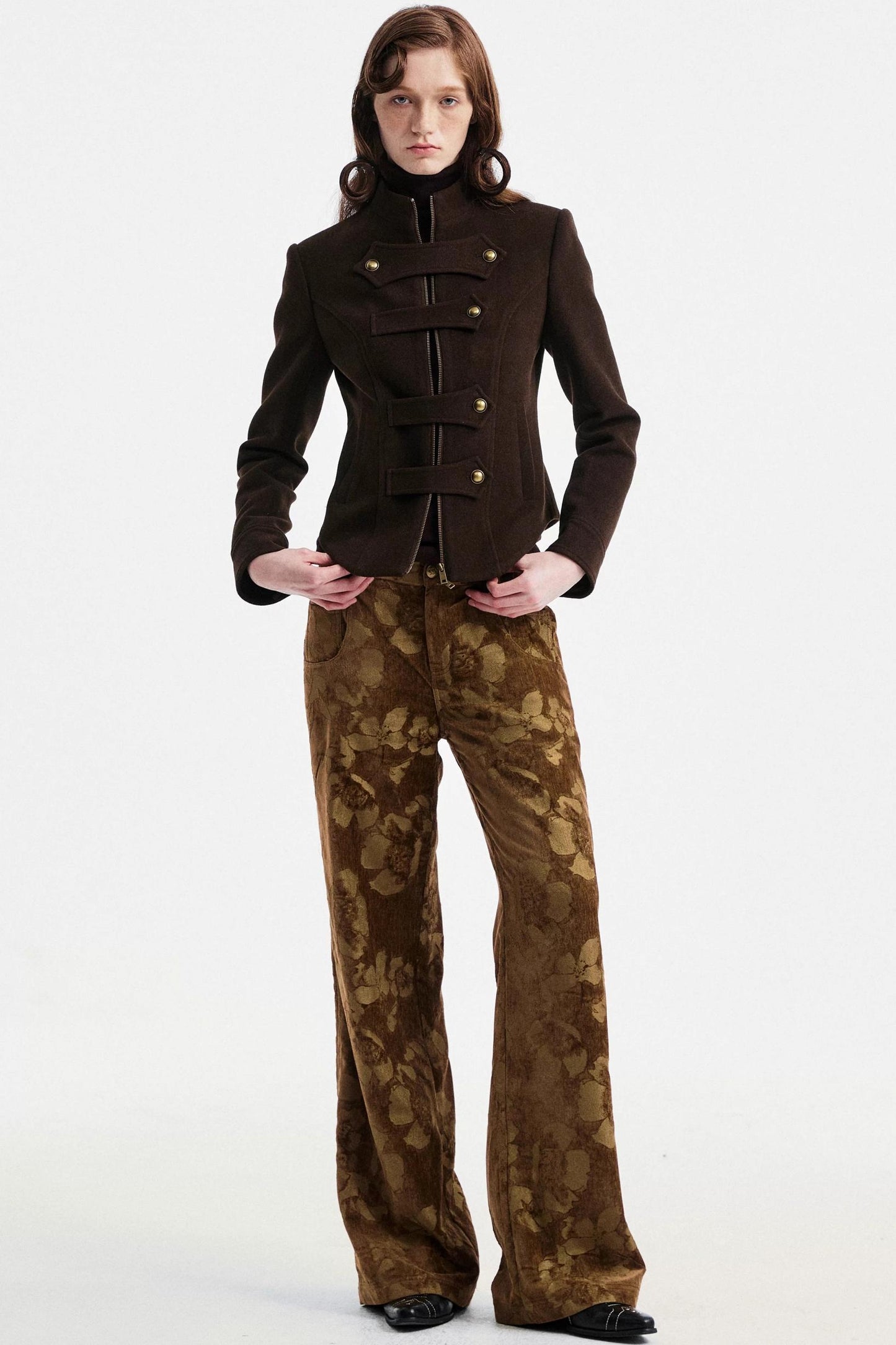 Brown Floral Jacquard Pants