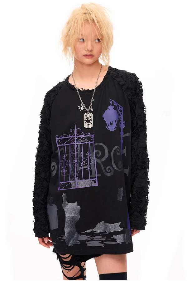 Dark Night Cat Print Blouse