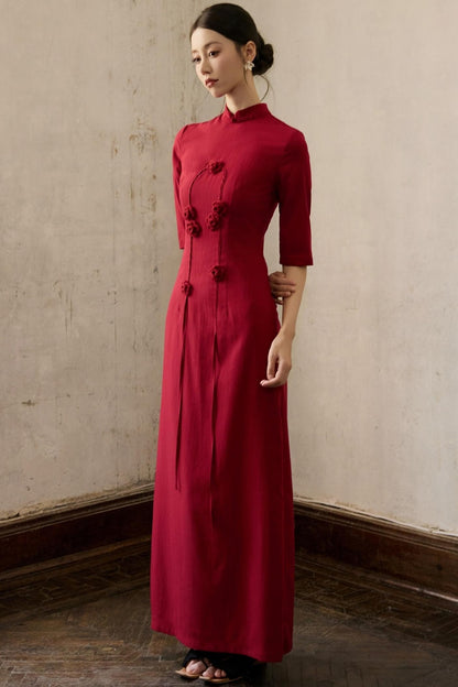 Red Flower Cheongsam Dress