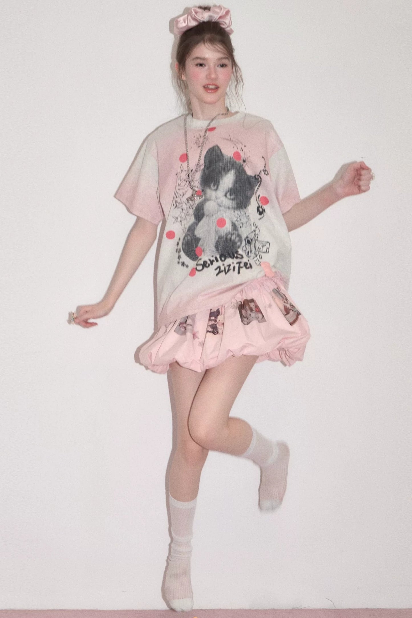T-Shirt mit rosa Farbverlauf und Katzenprint