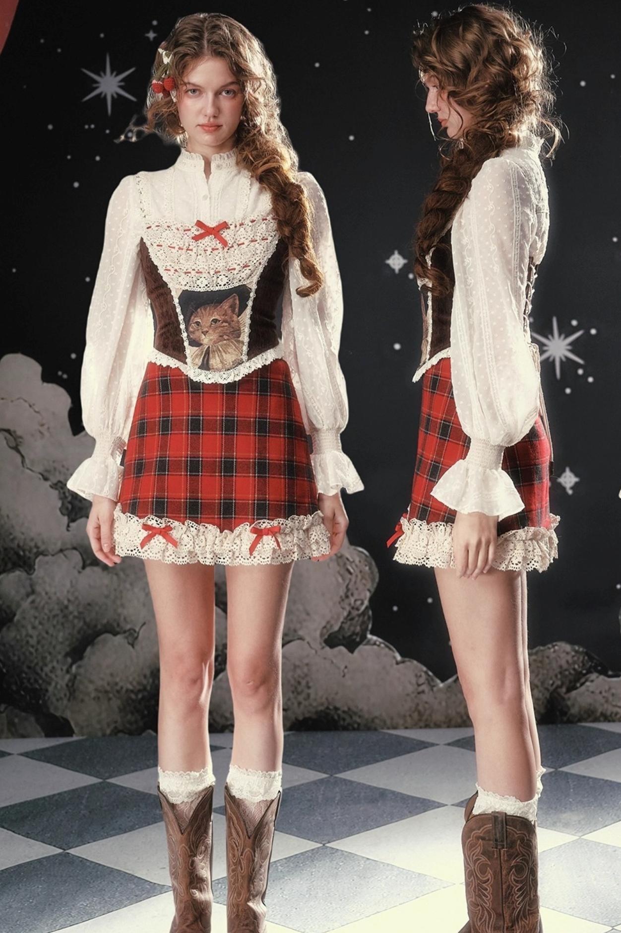 Sweet and Spicy Fishbone Corset Plaid Skirt Set-Up