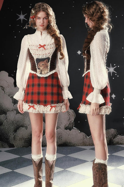 Sweet and Spicy Fishbone Corset Plaid Skirt Set-Up